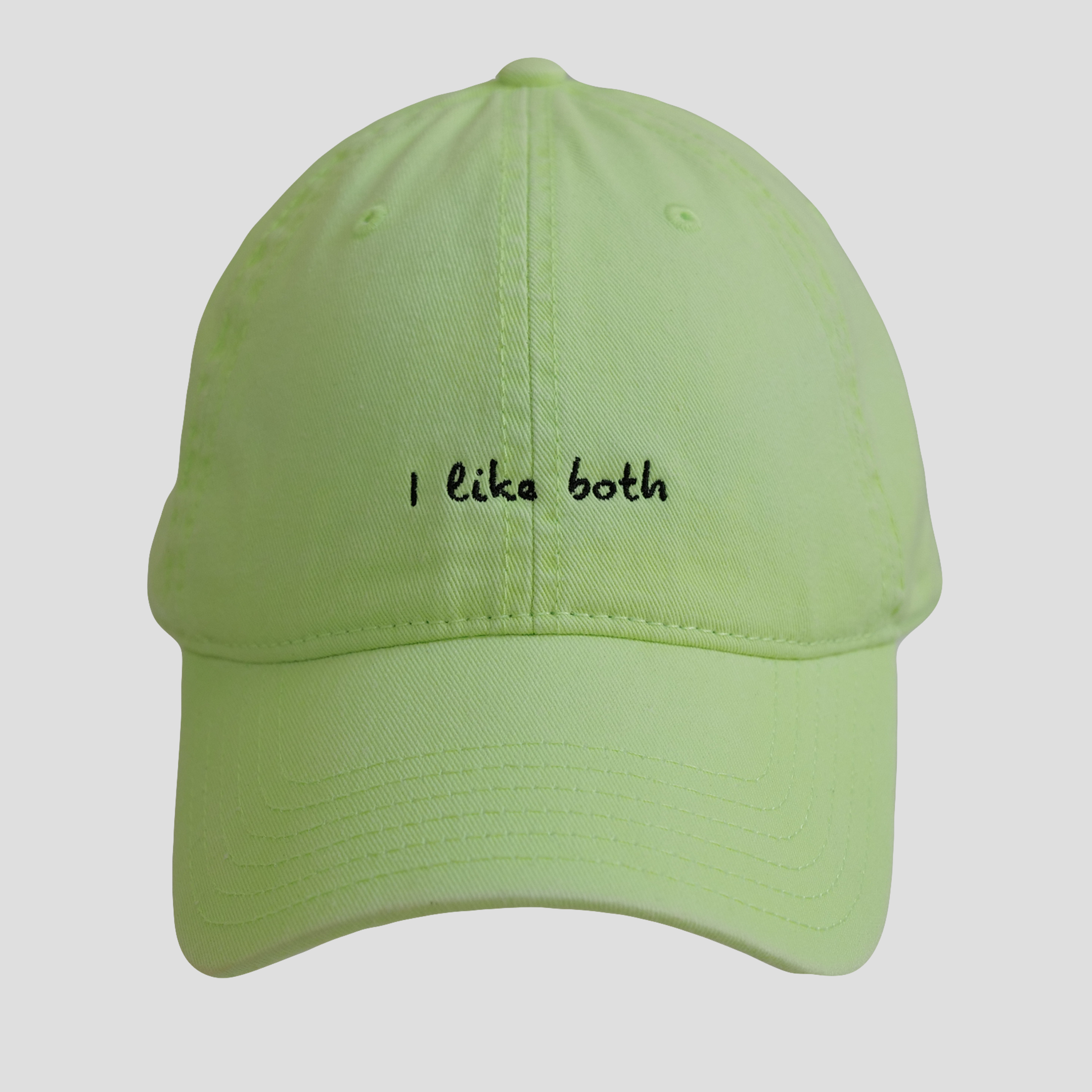 Green pride cotton cap with 'I like both' embroidery – front view of The Bi Hat by Gay in WeHo