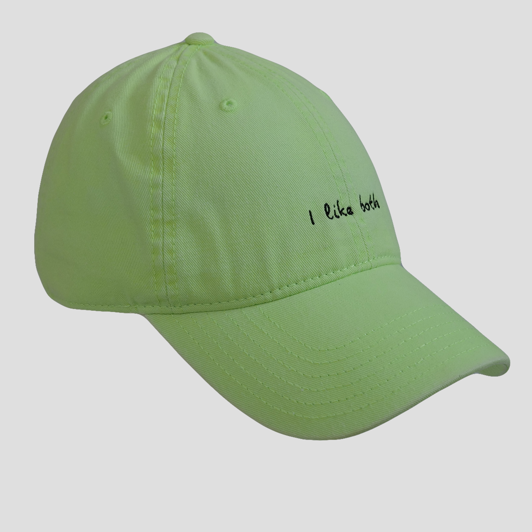 Green pride cotton cap with 'I like both' embroidery – side view of The Bi Hat by Gay in WeHo